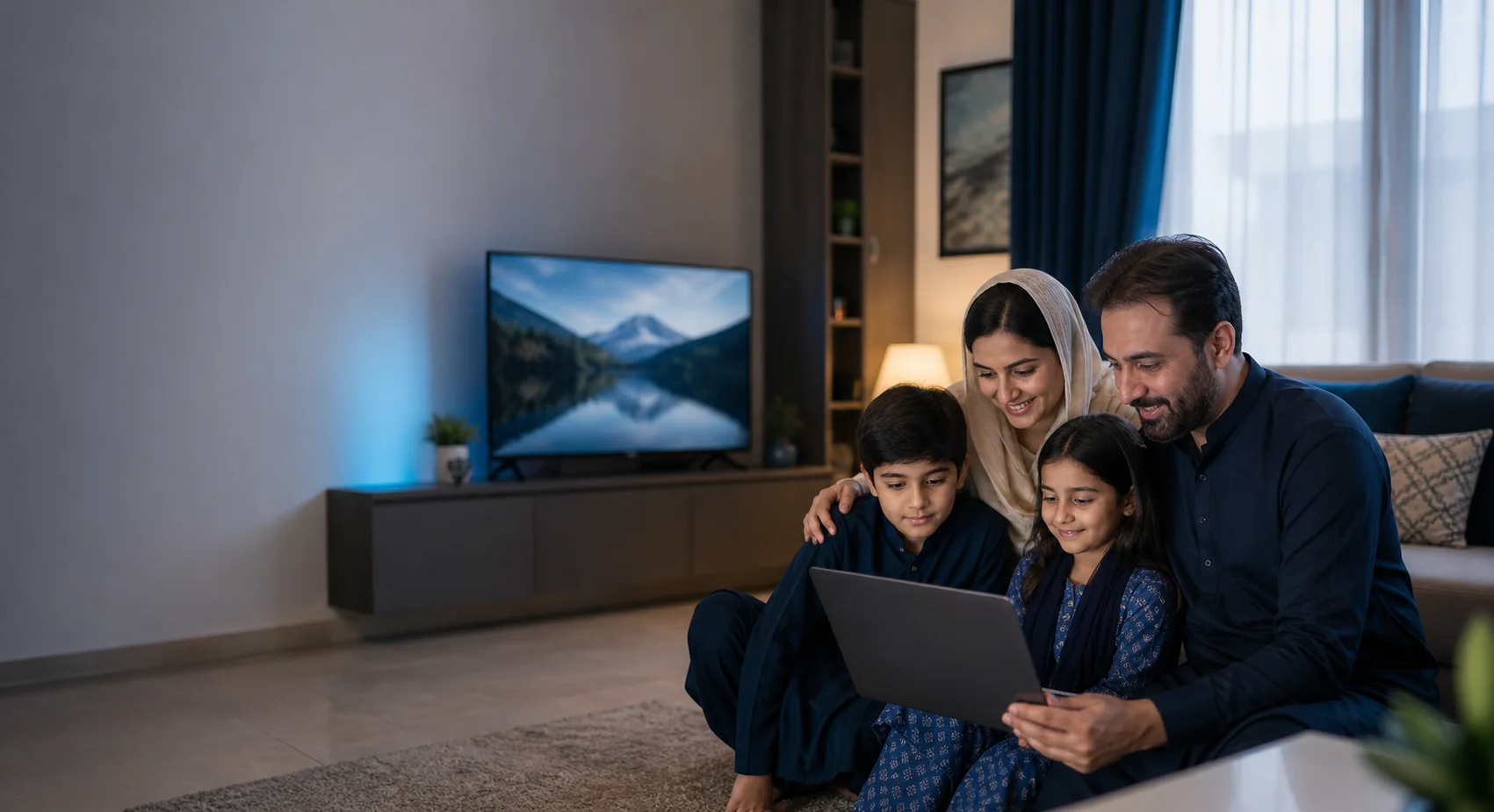 A Pakistani family enjoying reliable home internet together